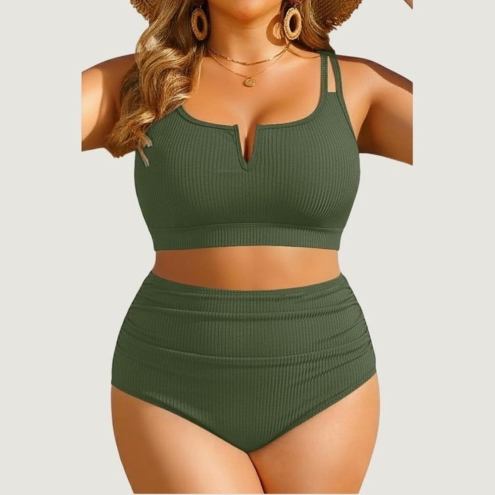 Yonique Womens Bikini Set 16W Olive Green Ribbed High Waisted V-Notch Swimsuit